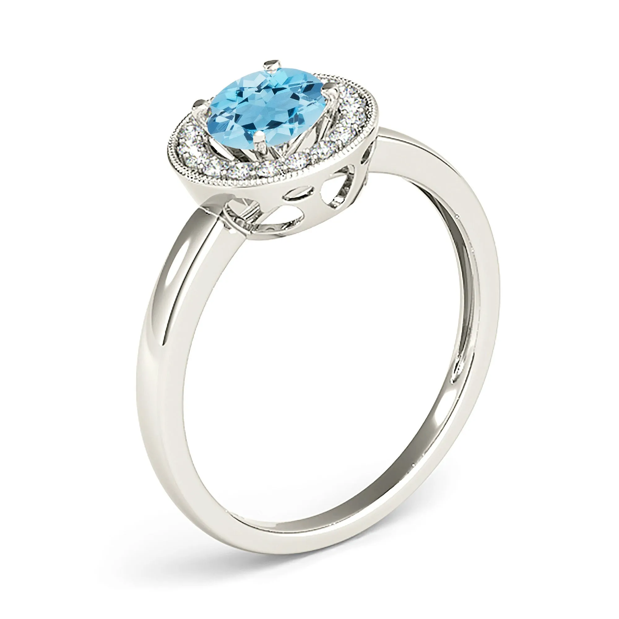 1.10 ct. Genuine Aquamarine Ring With Bezel Set Halo, Milgrain Design