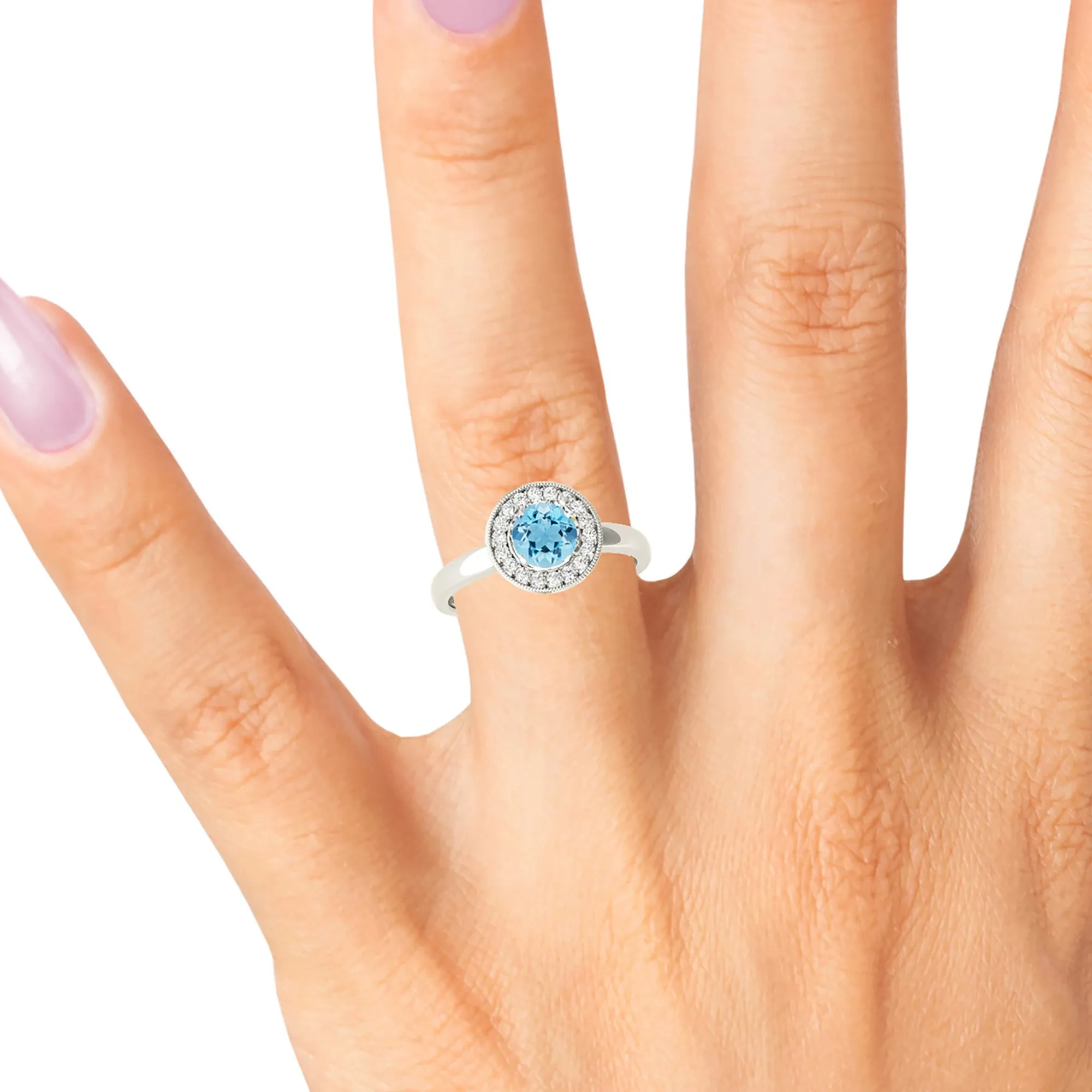 1.10 ct. Genuine Aquamarine Ring With Bezel Set Halo, Milgrain Design