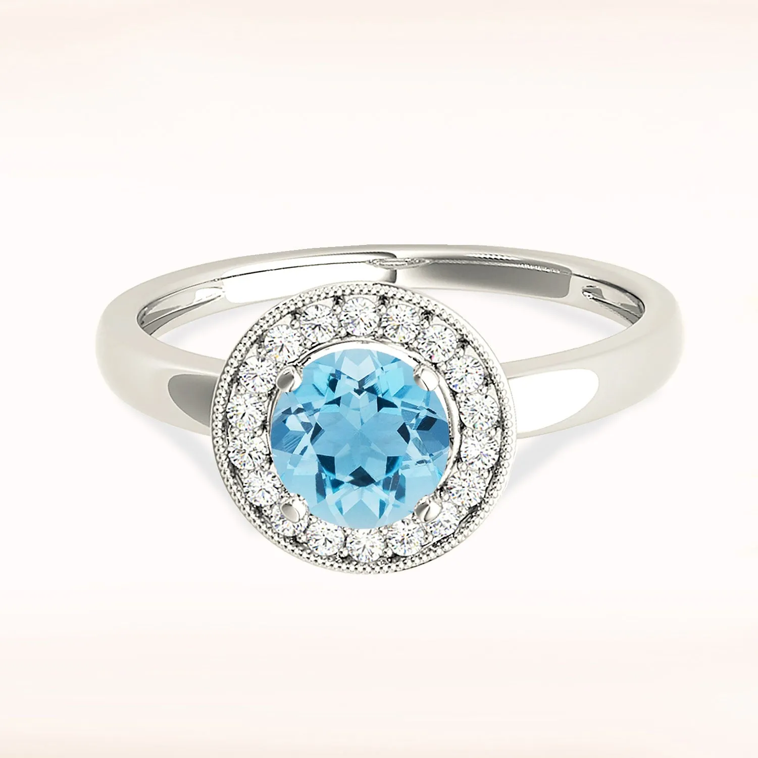 1.10 ct. Genuine Aquamarine Ring With Bezel Set Halo, Milgrain Design