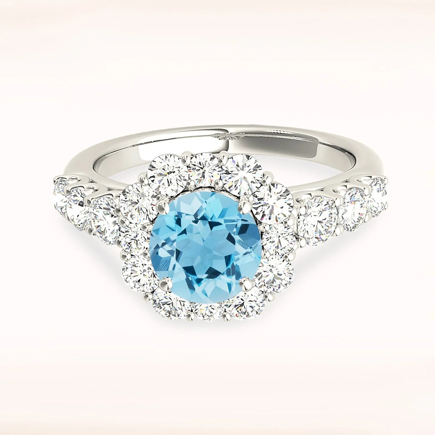1.10 ct. Genuine Aquamarine Ring With  Floral Halo And Fancy Diamond Band