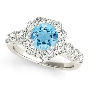 1.10 ct. Genuine Aquamarine Ring With  Floral Halo And Fancy Diamond Band