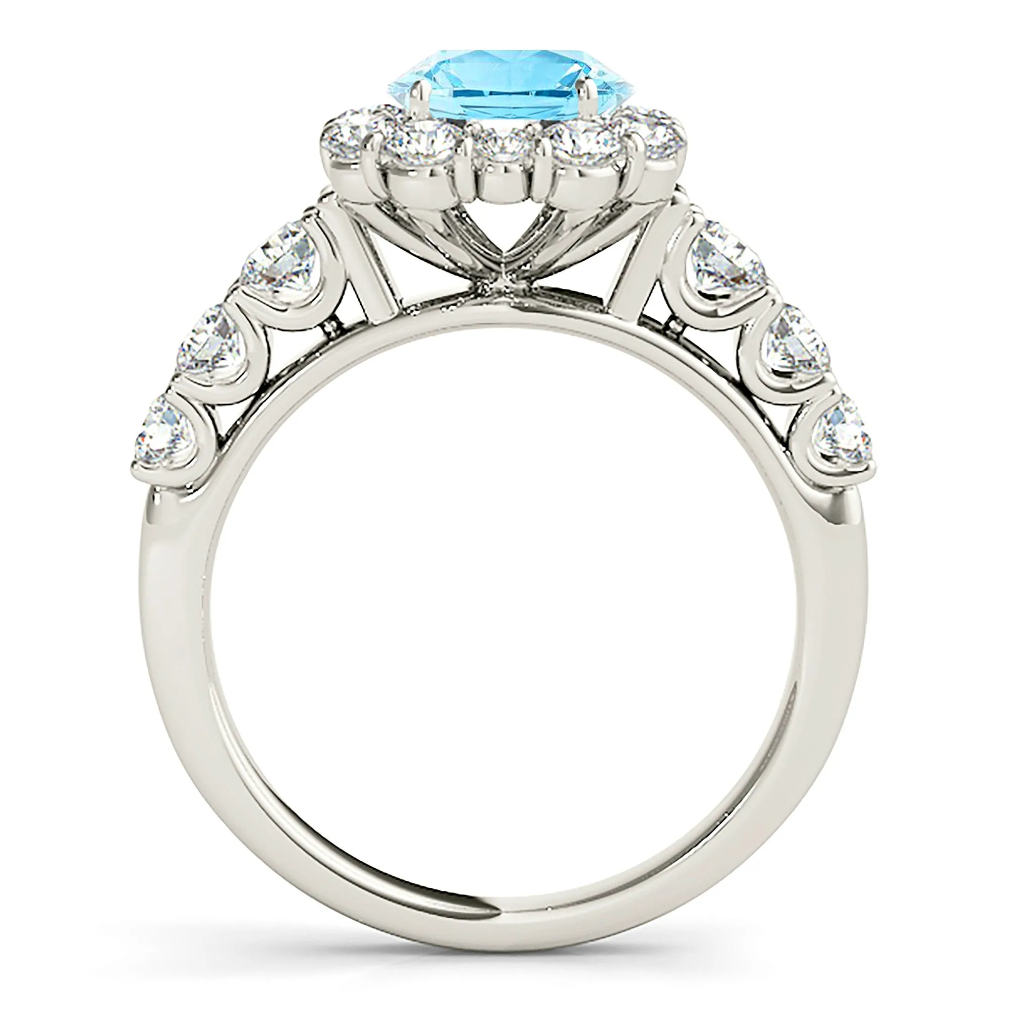 1.10 ct. Genuine Aquamarine Ring With  Floral Halo And Fancy Diamond Band