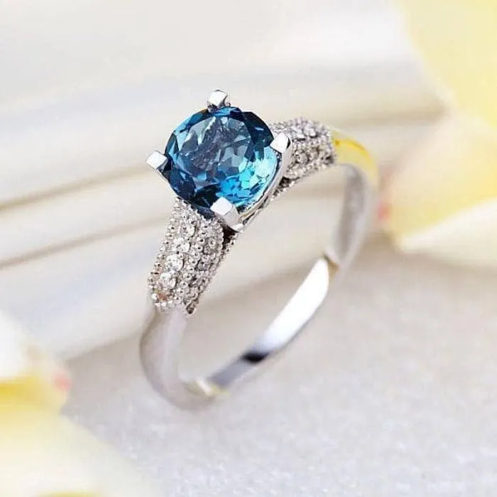 14K White Gold 1.2 Ct London Blue Topaz & Natural Diamond Ring