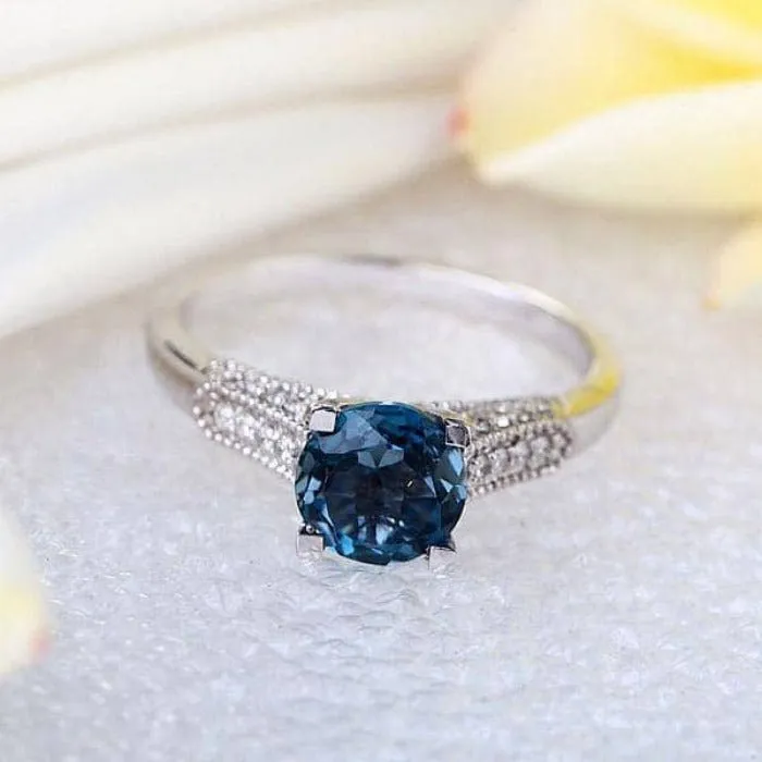 14K White Gold 1.2 Ct London Blue Topaz & Natural Diamond Ring