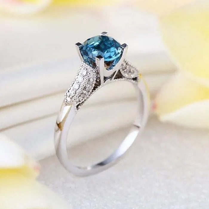 14K White Gold 1.2 Ct London Blue Topaz & Natural Diamond Ring