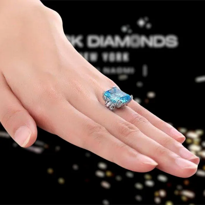 14K White Gold 13ct Swiss Blue Topaz Diamond Ring
