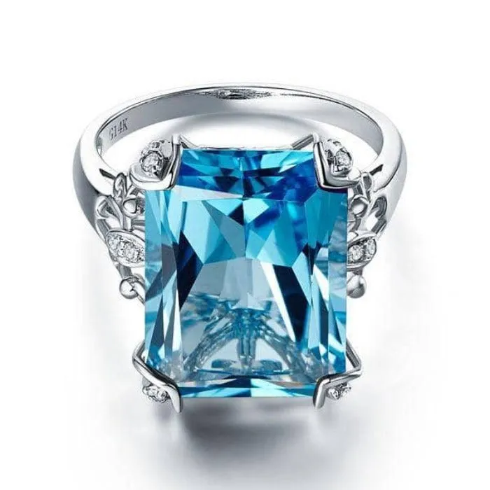 14K White Gold 13ct Swiss Blue Topaz Diamond Ring