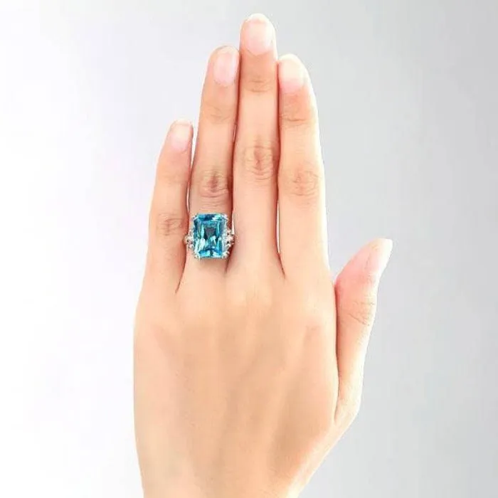14K White Gold 13ct Swiss Blue Topaz Diamond Ring