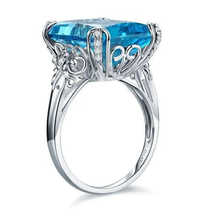 14K White Gold 13ct Swiss Blue Topaz Diamond Ring