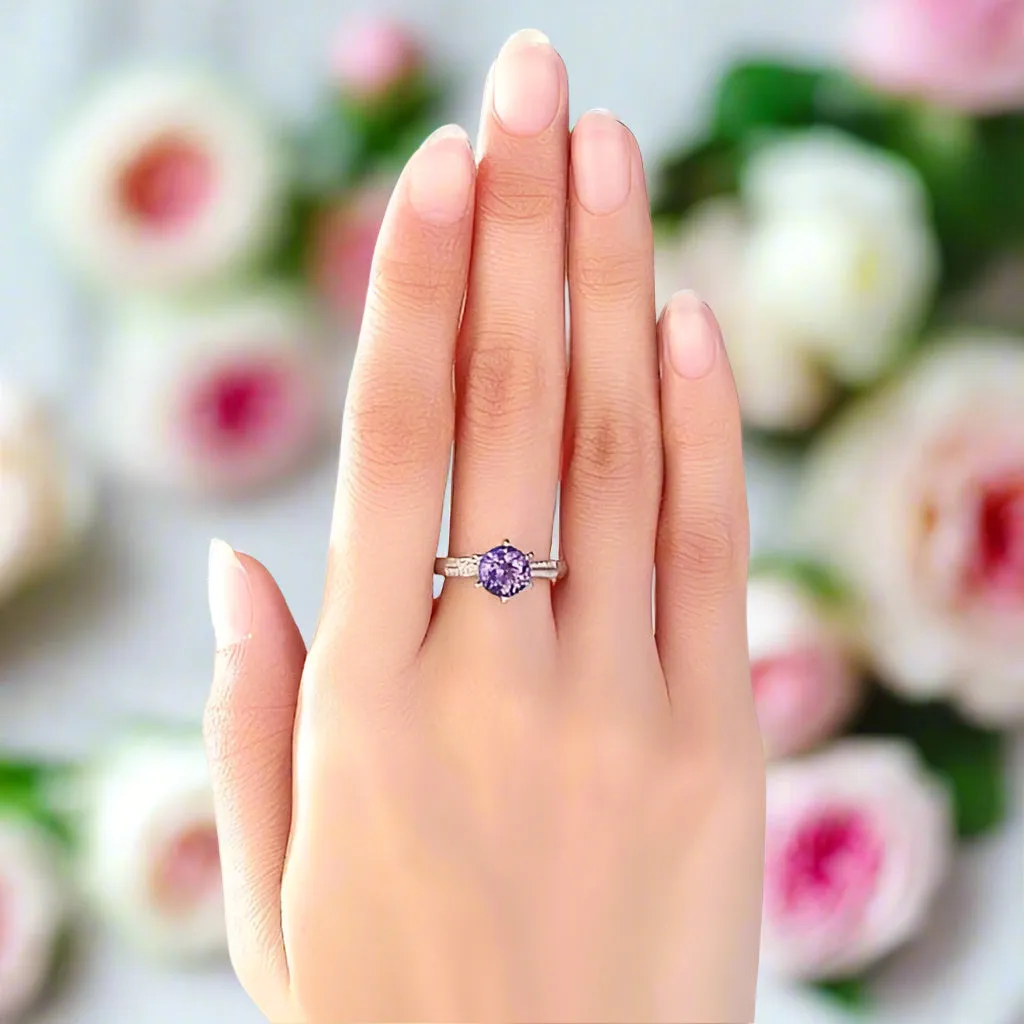 14K White Gold 2ct Purple Topaz 0.1ct Natural Diamond Ring