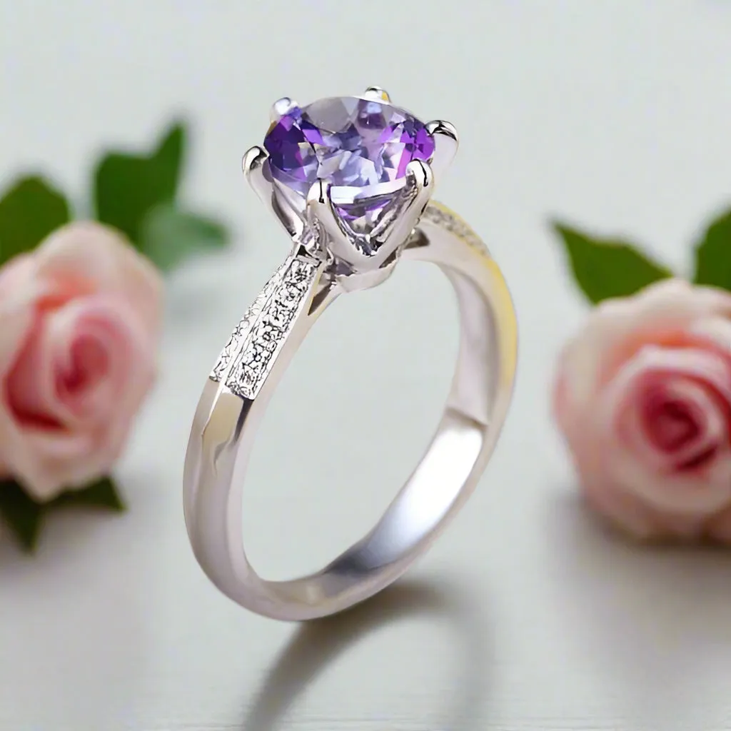 14K White Gold 2ct Purple Topaz 0.1ct Natural Diamond Ring