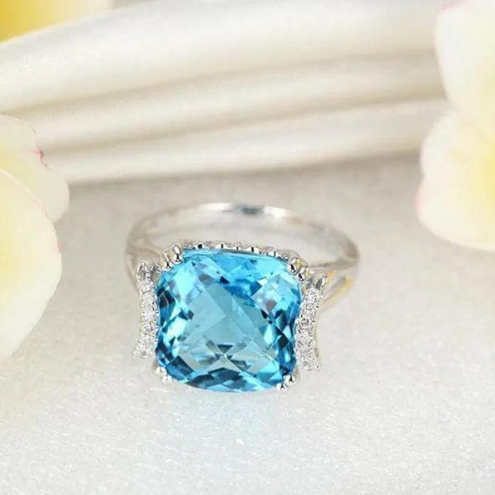 14K White Gold 9.65ct Cushion Swiss Blue Topaz Natural Diamond