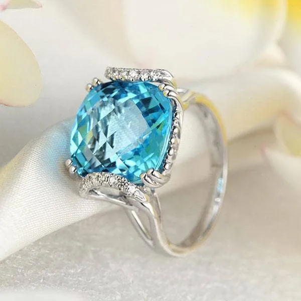 14K White Gold 9.65ct Cushion Swiss Blue Topaz Natural Diamond