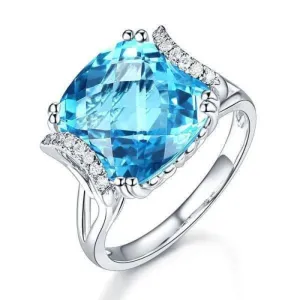 14K White Gold 9.65ct Cushion Swiss Blue Topaz Natural Diamond