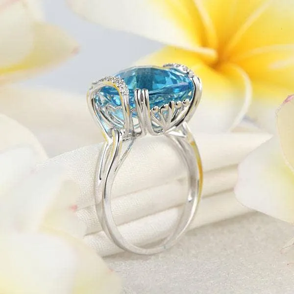 14K White Gold 9.65ct Cushion Swiss Blue Topaz Natural Diamond