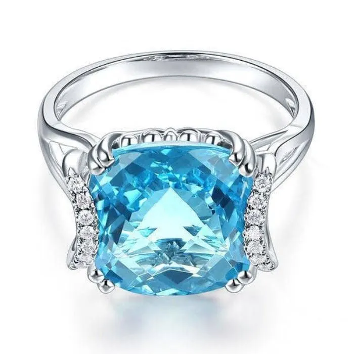 14K White Gold 9.65ct Cushion Swiss Blue Topaz Natural Diamond