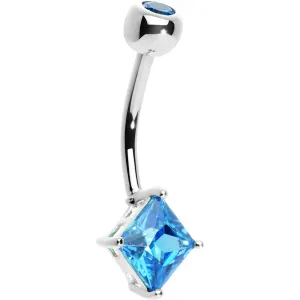 16 Gauge 14KT White Gold Blue Topaz Princess 6mm Cubic Zirconia Belly Ring