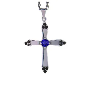 18k White Gold Blue Sapphire and Black Diamonds Cross Pendant Convent