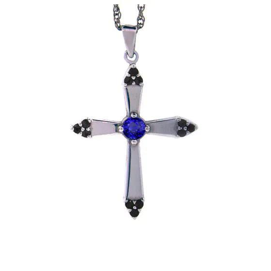 18k White Gold Blue Sapphire and Black Diamonds Cross Pendant Convent
