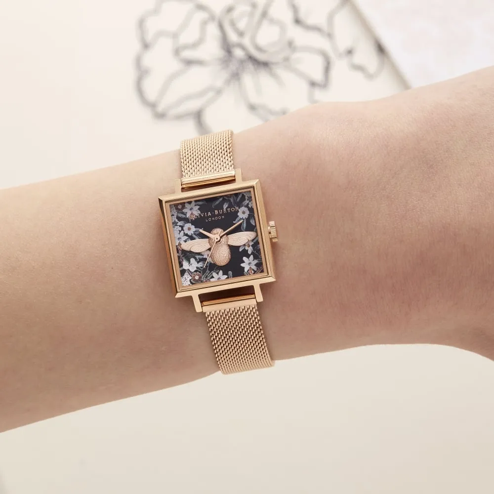 3D Bee Bejewelled Florals Square Dial Rose Gold Mesh Watch