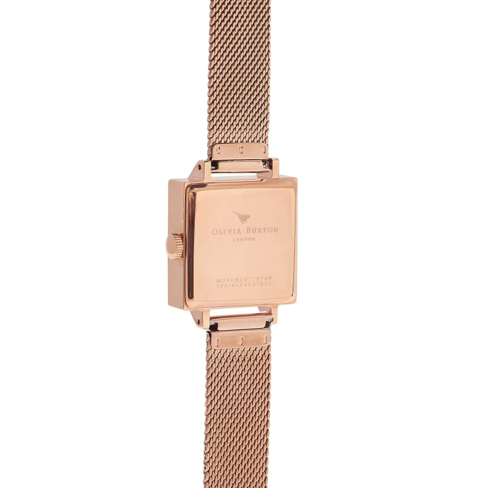 3D Bee Bejewelled Florals Square Dial Rose Gold Mesh Watch
