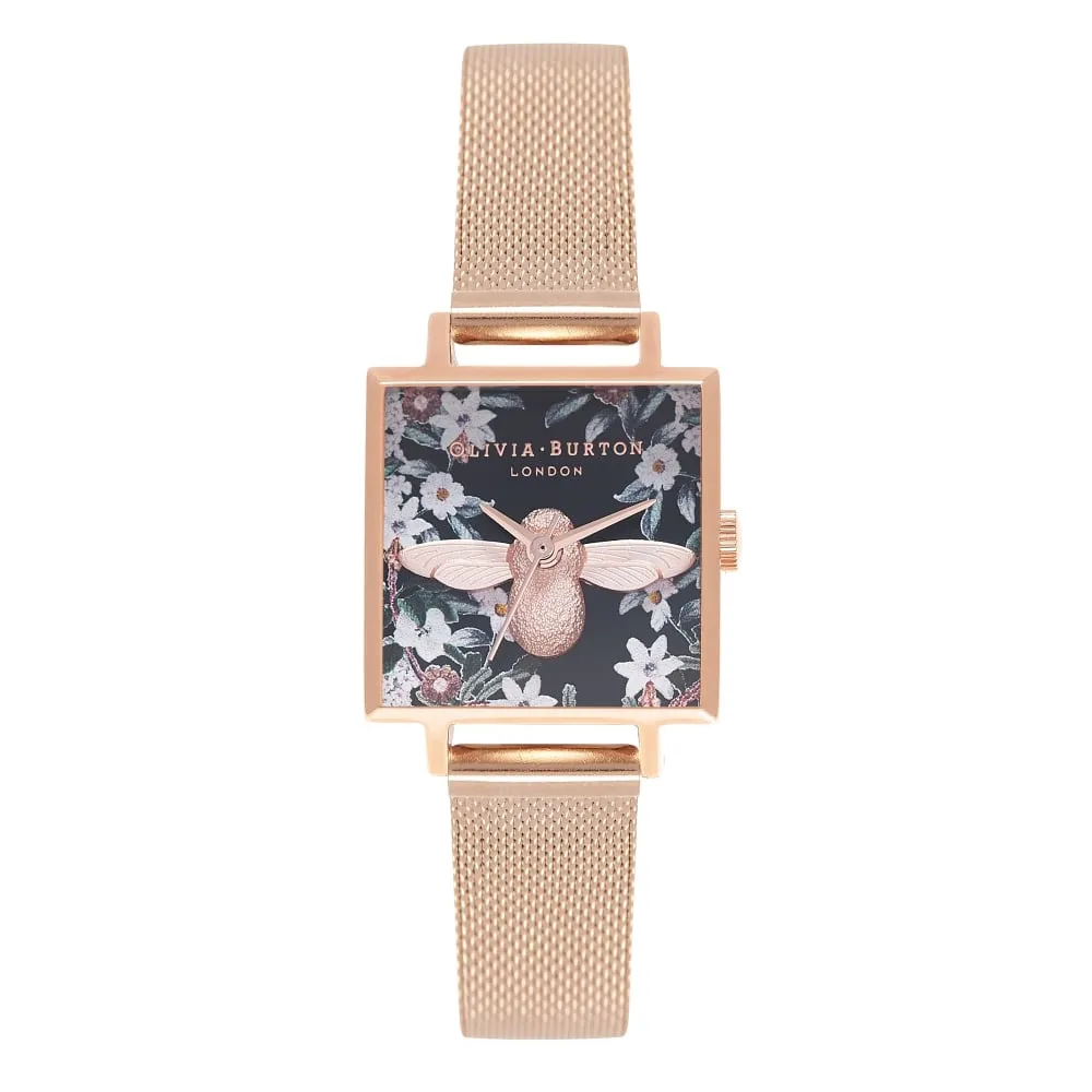 3D Bee Bejewelled Florals Square Dial Rose Gold Mesh Watch