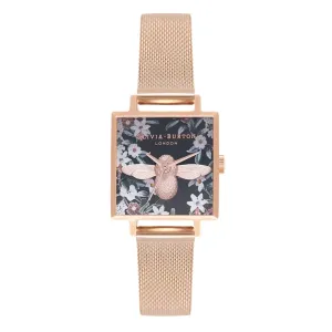 3D Bee Bejewelled Florals Square Dial Rose Gold Mesh Watch
