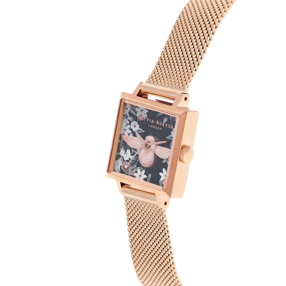 3D Bee Bejewelled Florals Square Dial Rose Gold Mesh Watch