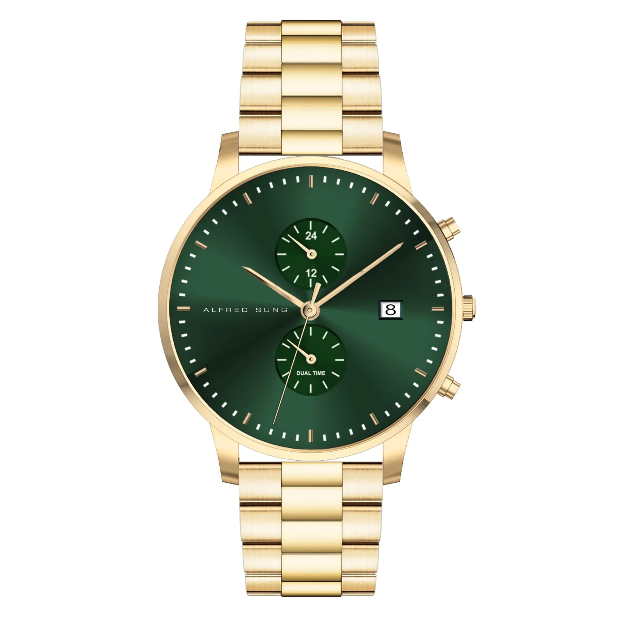 Alfred Sung Dual Time with Date Green Dial Gold Bracelet watch