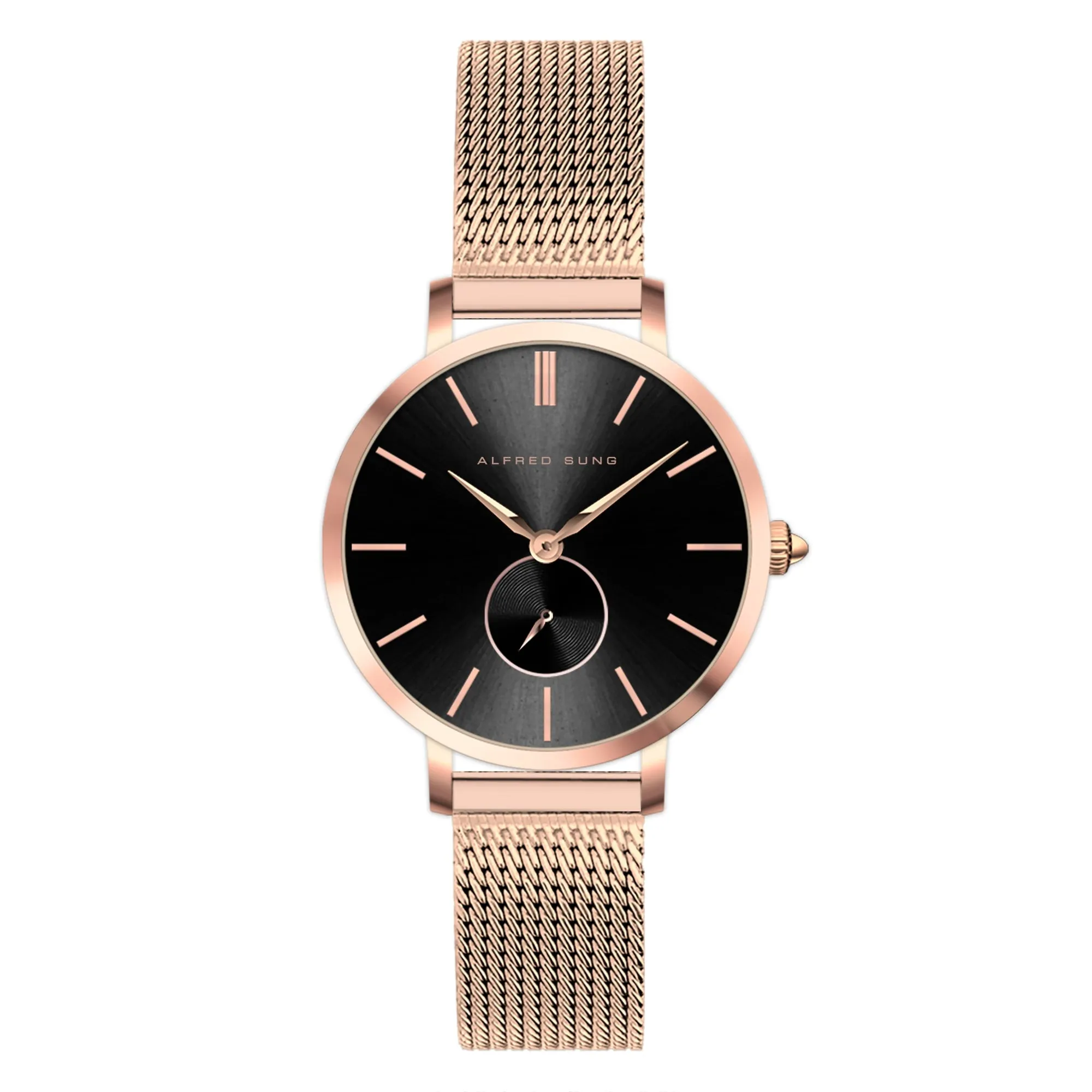 Alfred Sung Serenity Sunray Black Dial Rosegold Bracelet Ladies watch
