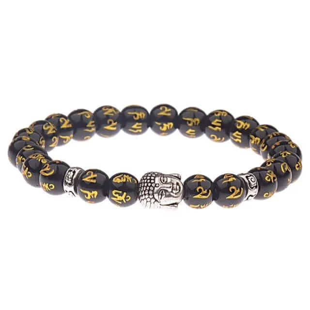Amader Charm Buddha & Evil Eye 8mm Elastic Round Bright Black Stone Chakra Bracelets