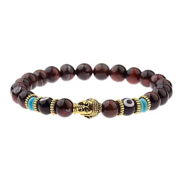Amader Charm Buddha & Evil Eye 8mm Elastic Round Bright Black Stone Chakra Bracelets