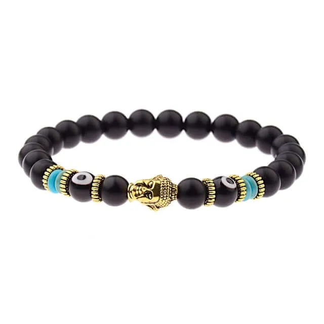 Amader Charm Buddha & Evil Eye 8mm Elastic Round Bright Black Stone Chakra Bracelets