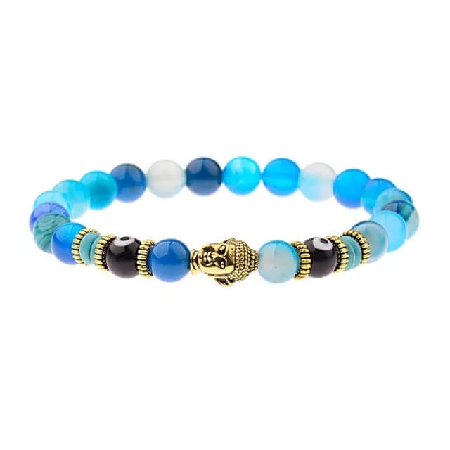 Amader Charm Buddha & Evil Eye 8mm Elastic Round Bright Black Stone Chakra Bracelets