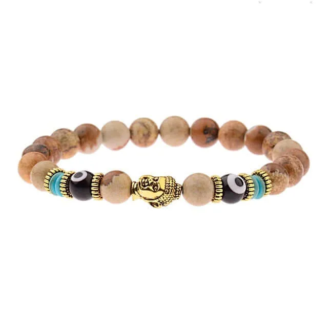 Amader Charm Buddha & Evil Eye 8mm Elastic Round Bright Black Stone Chakra Bracelets
