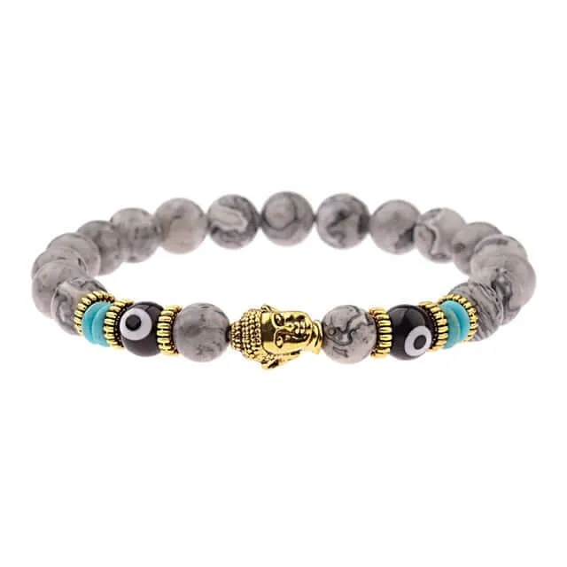 Amader Charm Buddha & Evil Eye 8mm Elastic Round Bright Black Stone Chakra Bracelets