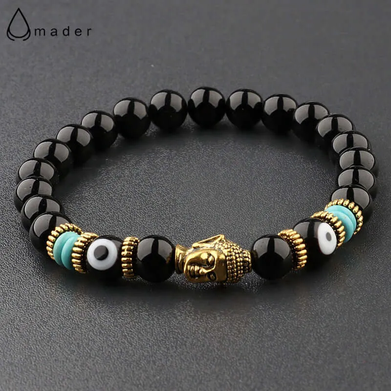 Amader Charm Buddha & Evil Eye 8mm Elastic Round Bright Black Stone Chakra Bracelets