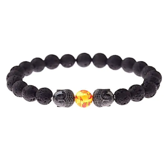 Amader Charm Buddha & Evil Eye 8mm Elastic Round Bright Black Stone Chakra Bracelets