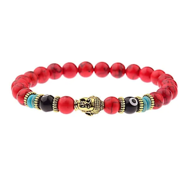 Amader Charm Buddha & Evil Eye 8mm Elastic Round Bright Black Stone Chakra Bracelets