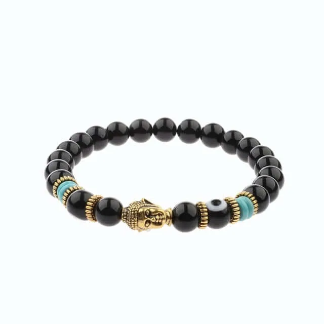 Amader Charm Buddha & Evil Eye 8mm Elastic Round Bright Black Stone Chakra Bracelets