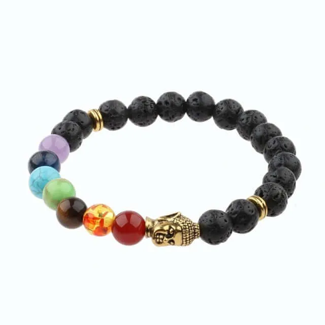 Amader Charm Buddha & Evil Eye 8mm Elastic Round Bright Black Stone Chakra Bracelets