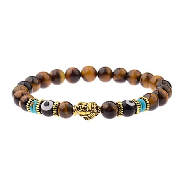 Amader Charm Buddha & Evil Eye 8mm Elastic Round Bright Black Stone Chakra Bracelets