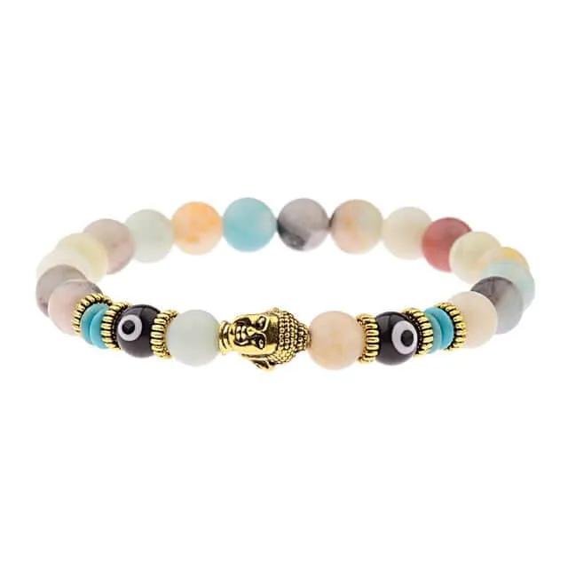 Amader Charm Buddha & Evil Eye 8mm Elastic Round Bright Black Stone Chakra Bracelets