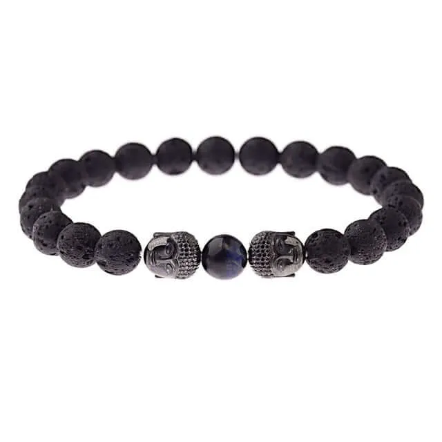 Amader Charm Buddha & Evil Eye 8mm Elastic Round Bright Black Stone Chakra Bracelets
