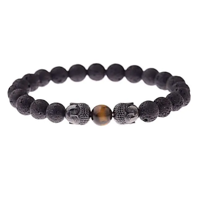Amader Charm Buddha & Evil Eye 8mm Elastic Round Bright Black Stone Chakra Bracelets