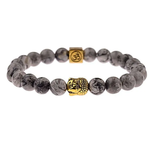 Amader Charm Buddha & Evil Eye 8mm Elastic Round Bright Black Stone Chakra Bracelets