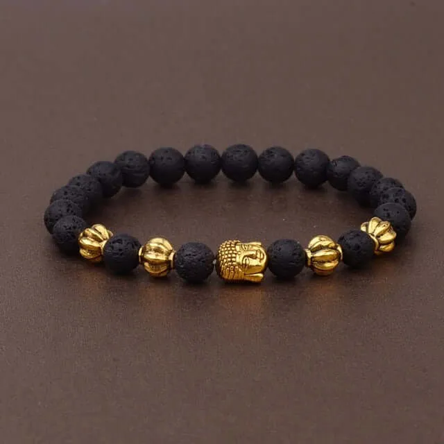 Amader Charm Buddha & Evil Eye 8mm Elastic Round Bright Black Stone Chakra Bracelets
