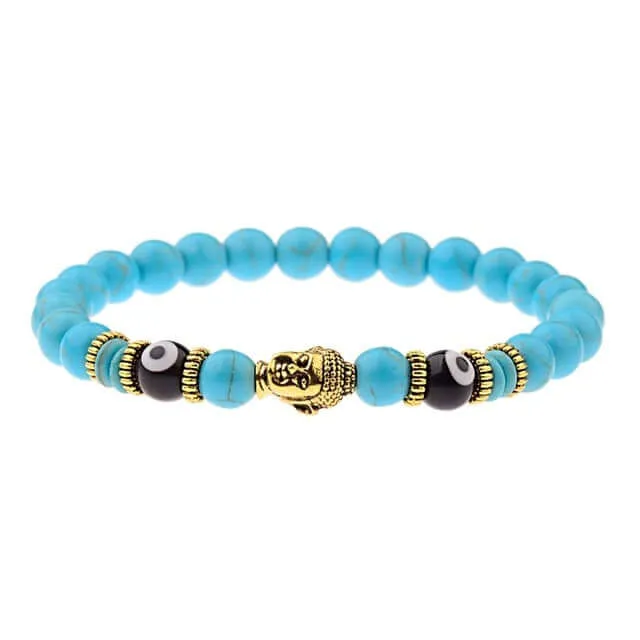 Amader Charm Buddha & Evil Eye 8mm Elastic Round Bright Black Stone Chakra Bracelets