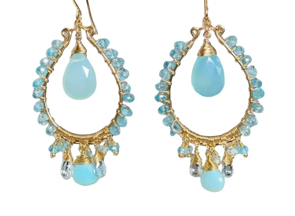 Aqua Chalcedony Gold Fill Hoop Chandelier Earrings with Apatite