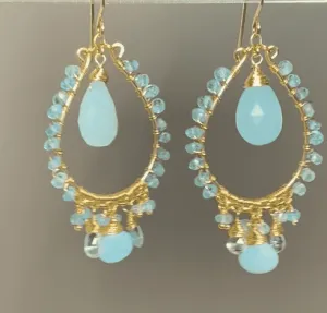 Aqua Chalcedony Gold Fill Hoop Chandelier Earrings with Apatite